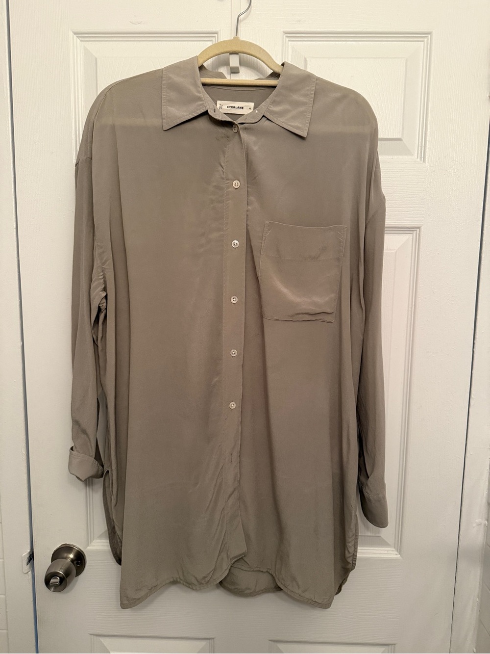 Everlane Relaxed Button-Down Shirt in Taupe green. Long